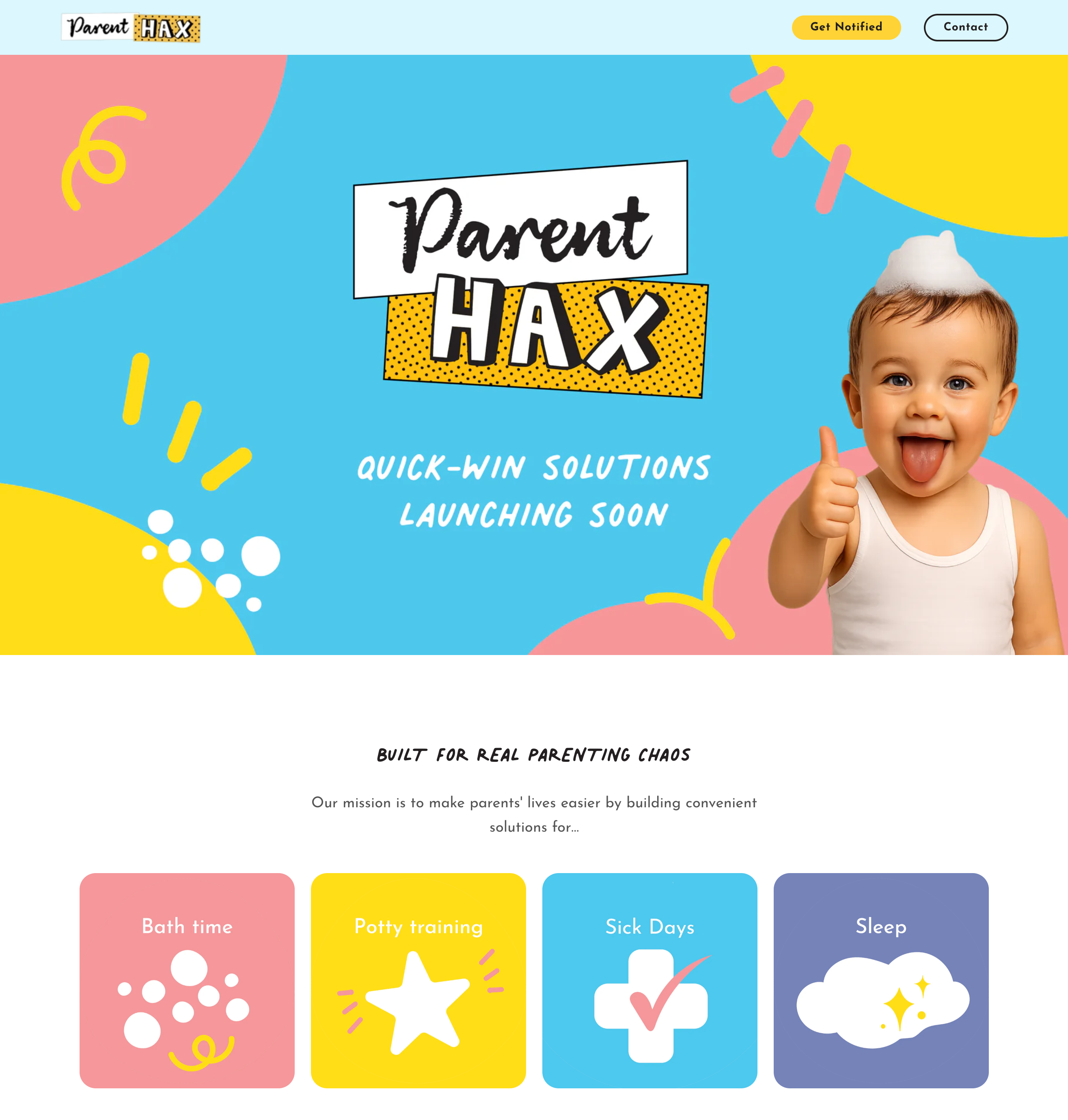 ParentHax homepage — hero section with brand palette, category grid, and playful brand characters