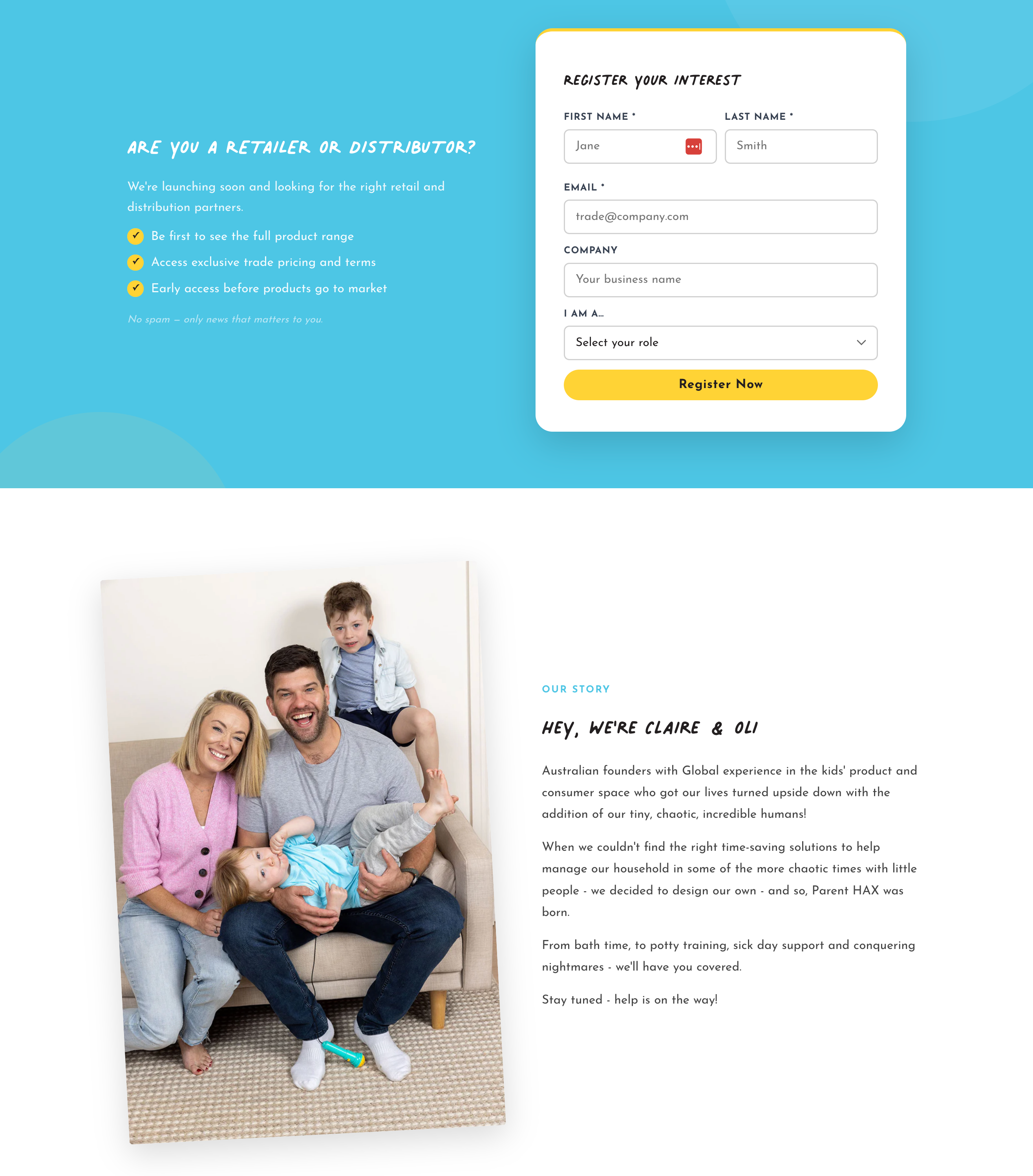 ParentHax — trade registration form and founder story sections, built to brand